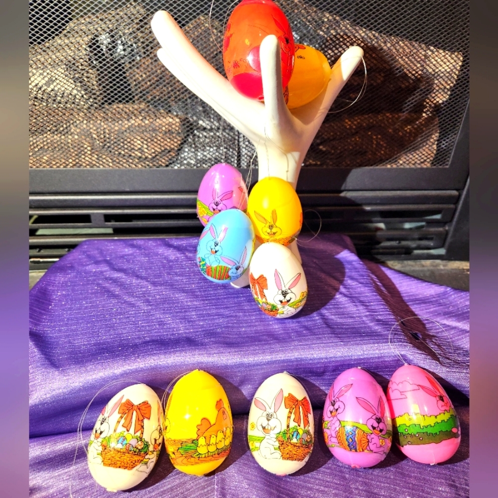One Dozen Vintage Plastic Assorted Colored Easter Eggs With Easter/Spring Decals